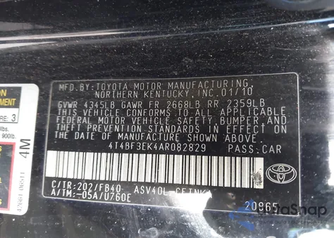 2010 Toyota Camry из США, поврежденный, VIN 4T4BF3EK4AR082829